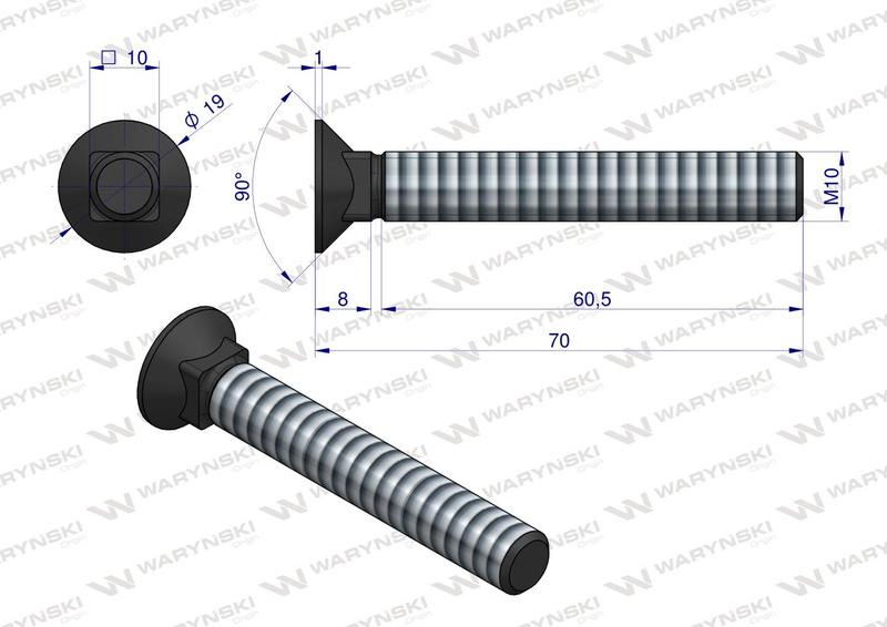 Śruba płużna podsadzana M10x70mm D 608 kl.10.9 WARYŃSKI