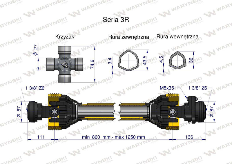 Wał przegubowo-teleskopowy 860-1250mm 460Nm sprzęgło z kołkiem 900Nm CE 2020 seria 3R WARYŃSKI