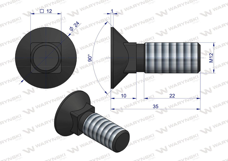 Śruba płużna podsadzana M12x35mm D 608 kl.10.9 WARYŃSKI