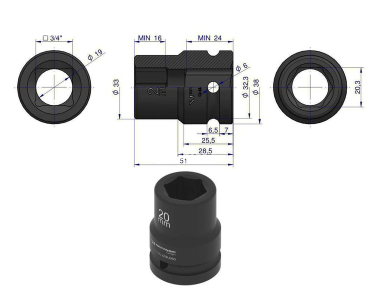 Nasadka udarowa sześciokątna 3/4" 20 mm Waryński