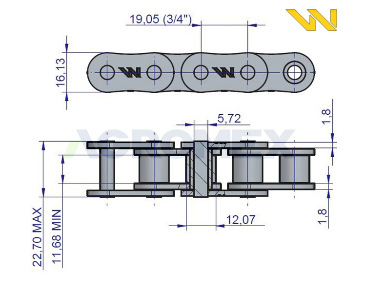 Łańcuch rolkowy 12B1 48 ogniw 914mm podbieracza Prasa Zwijka Sipma 5276201700 Waryński