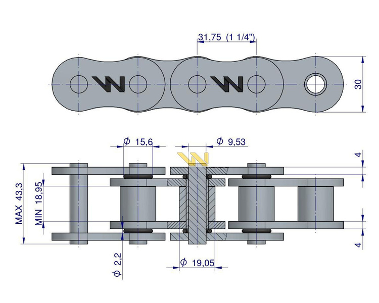 Łańcuch rolkowy z oringiem ANSI A 100 (R1 1.1/4) 5m Waryński