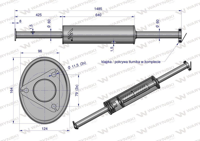 Tłumik prosty długi 1485mm 8kg C-385 INOX WARYŃSKI 