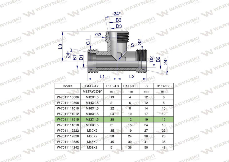 Trójnik hydrauliczny metryczny BBB M22x1.5 15L (XT) Waryński