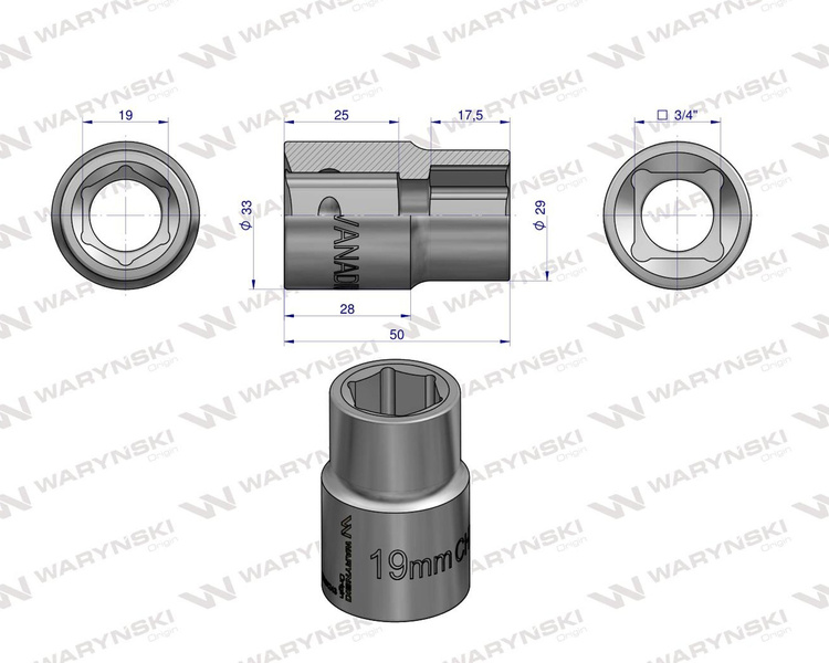 Nasadka sześciokątna 3/4" 19 mm. DIN 3124. Waryński