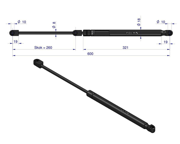 siłownik amortyzator gazowy A=600 B=305 F=210N skok 260, POLMO X800420490000