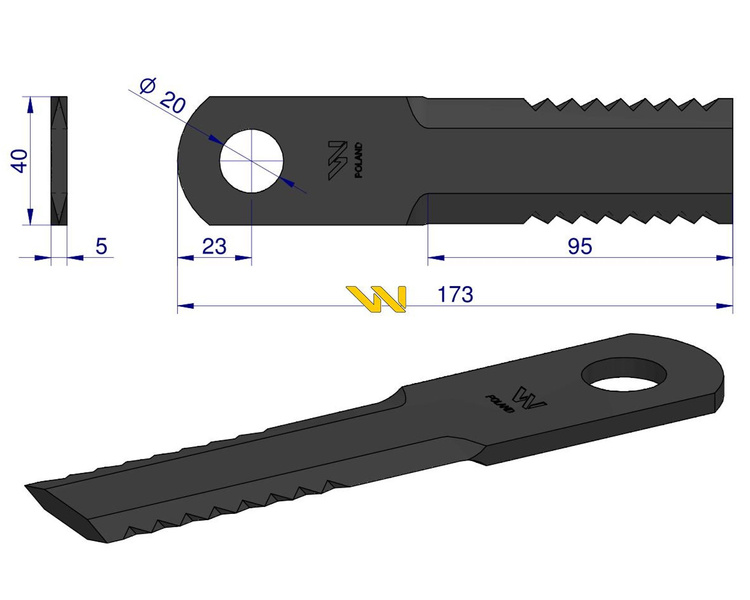 Nóż obrotowy rozdrabniacz słomy sieczkarnia 173x50x5mm otwór 20 87318316 New Holland WARYŃSKI