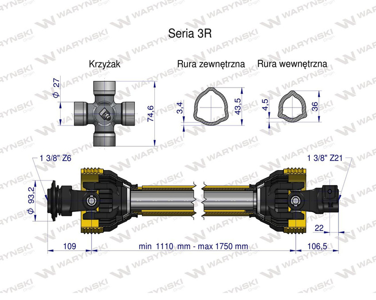 Wał przegubowo-teleskopowy 1110-1750mm 460Nm widłak Z21 od st.maszyny CE WARYŃSKI