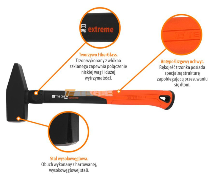 Młotek ślusarski z trzonkiem fiberglass 2000 g Extreme TEGER