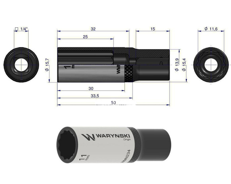 Nasadka dwunastokątna 1/4" 11 mm długa Waryński