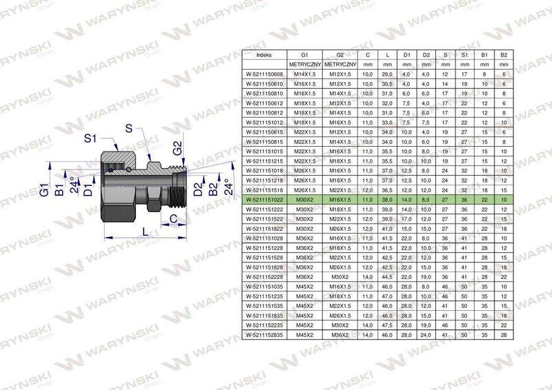 Złączka hydrauliczna metryczna AB (XKOR) A-M30x2 22L / B-M16x1.5 10L Waryński