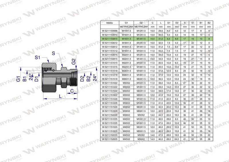 Złączka hydrauliczna metryczna AB (XKOR) A-M22x1.5 15L / B-M12x1.5 06L Waryński