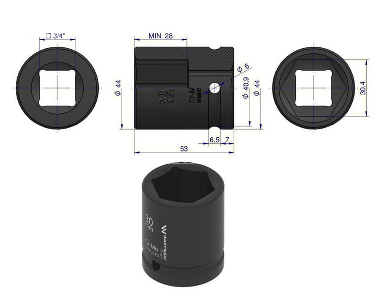 Nasadka udarowa sześciokątna 3/4" 30 mm Waryński