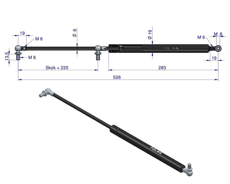 siłownik amortyzator gazowy A=526 B=264 F=190N skok 220, POLMO 3 LATA GWARANCJI 3301920M92