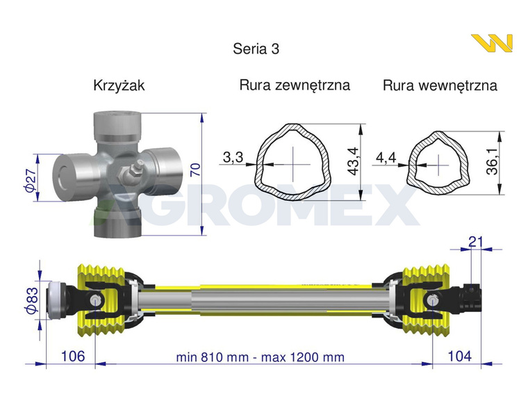 Wał przegubowo teleskopowy 810-1200mm 400Nm 50250 CE seria 3 WARYŃSKI