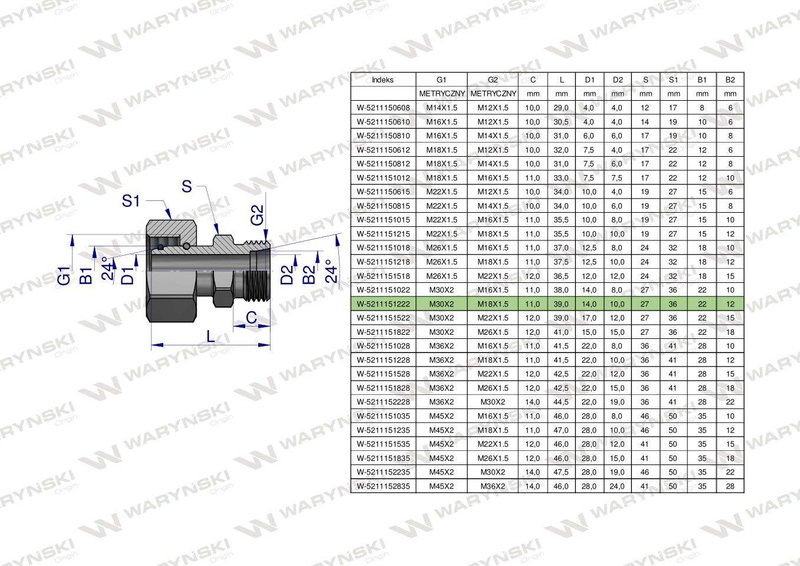 Złączka hydrauliczna metryczna AB (XKOR) A-M30x2 22L / B-M18x1.5 12L Waryński