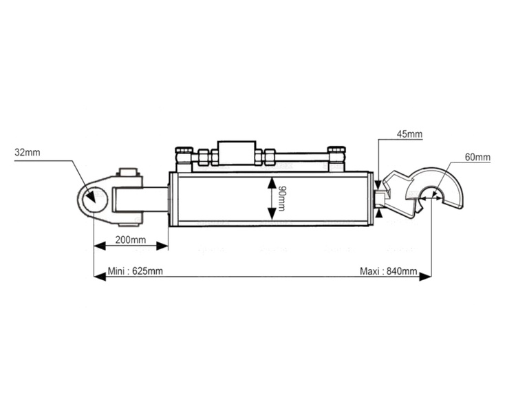 Łącznik hydrauliczny z hakiem zaczepowym i głowicą CBM średnica cylindra 90mm długość: 625mm