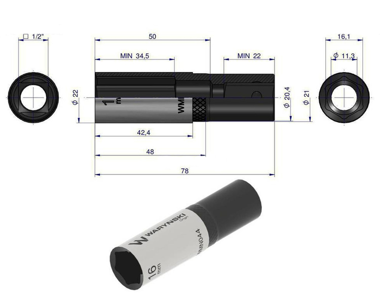 Nasadka sześciokątna 1/2" 16 mm długa Waryński