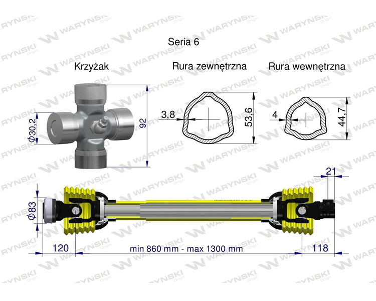 Wał przegubowo-teleskopowy 860-1300mm 830Nm CE seria 6 WARYŃSKI