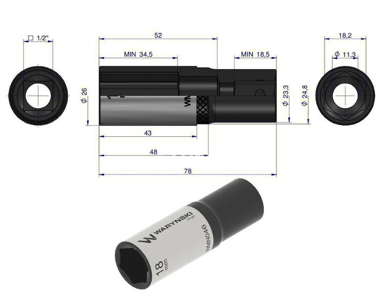 Nasadka sześciokątna 1/2" 18 mm długa Waryński