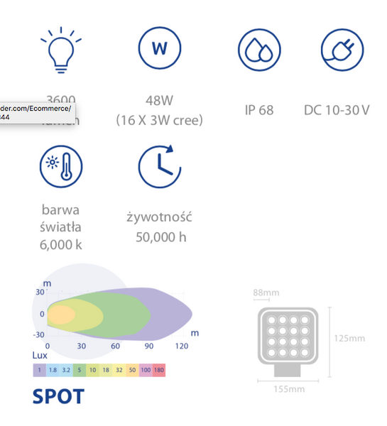 lampa robocza LED 48W 3600lm światło skupione