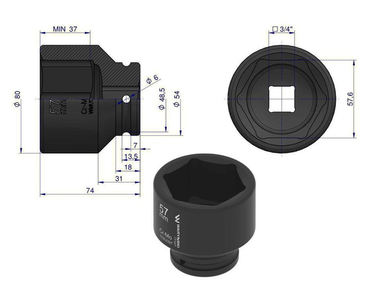 Nasadka udarowa sześciokątna 3/4" 57 mm Waryński