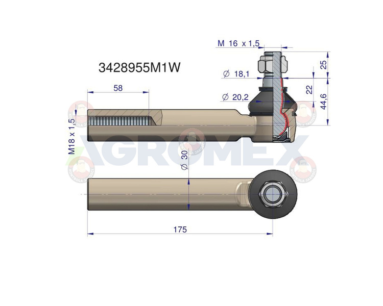 Przegub kierowniczy 185mm M18x1.5 3428955M1 Massey Ferguson. Landini WARYŃSKI