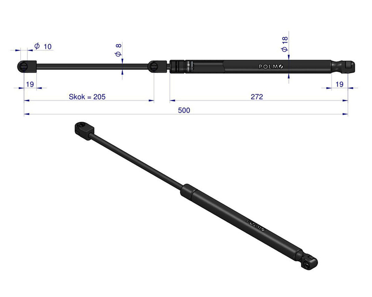 siłownik amortyzator gazowy A=500 B=255 F=150N skok 205, POLMO H205810040030