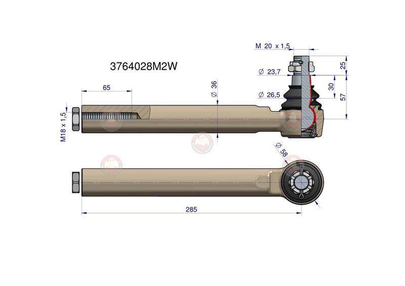 Przegub kierowniczy 285mm - M18x1.5 3764028M2 Massey Ferguson WARYŃSKI