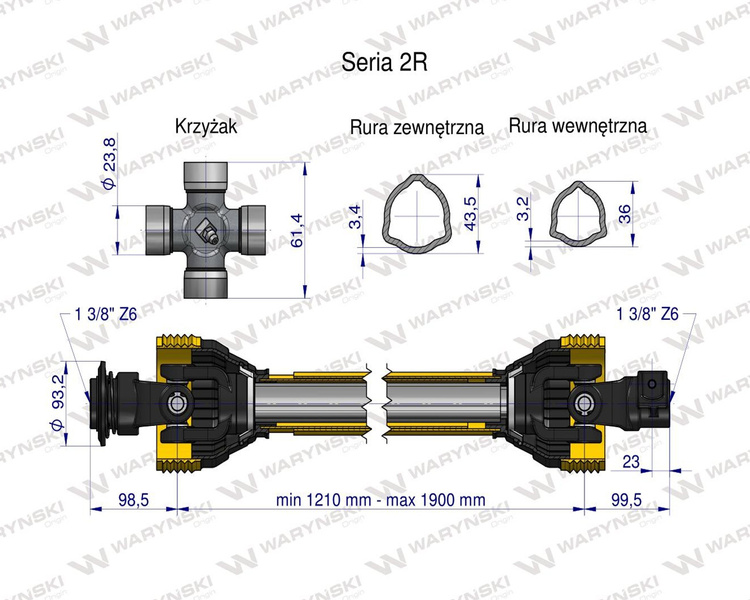 Wał przegubowo-teleskopowy 1210-1900mm 270Nm 40280 CE seria 2R WARYŃSKI