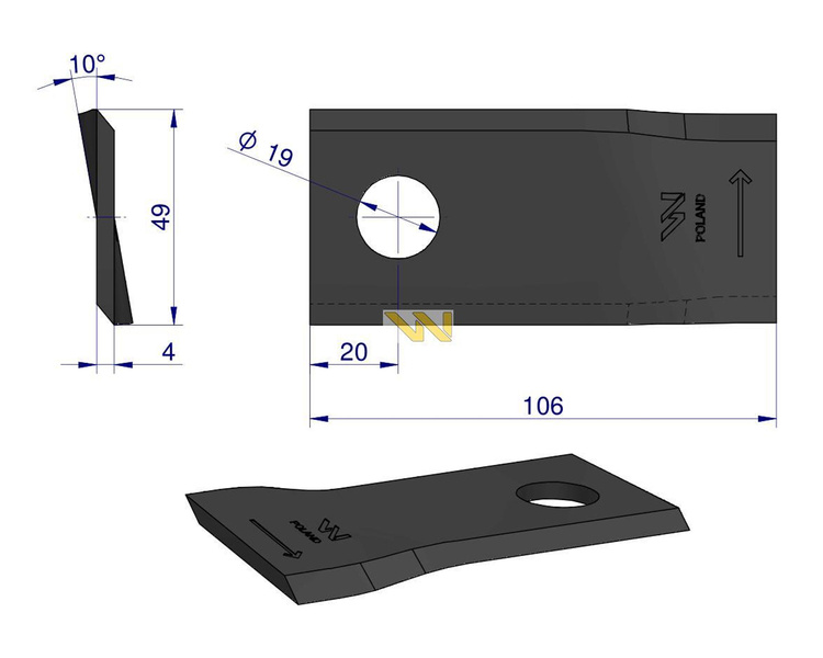 Nóż. nożyk kosiarka lewy 106x48x4mm otwór 19 570445 Niemeyer WARYŃSKI