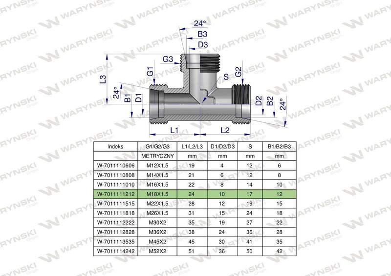 Trójnik hydrauliczny metryczny BBB M18x1.5 12L (XT) Waryński