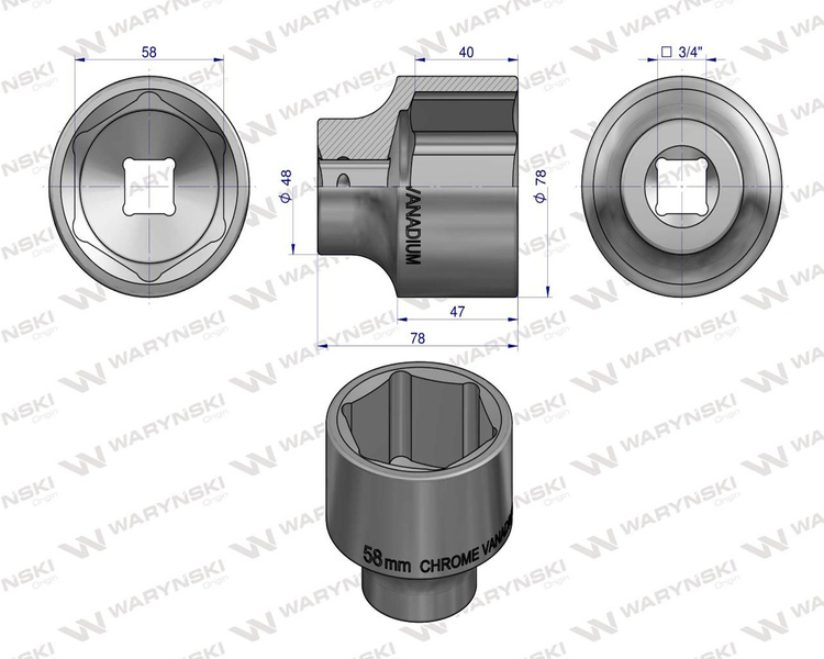 Nasadka sześciokątna 3/4" 58 mm Waryński