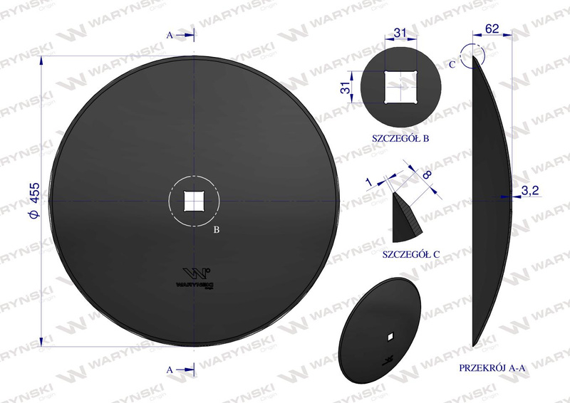 Talerz brony talerzowej gładki 460mm 30x30 stal borowa Waryński