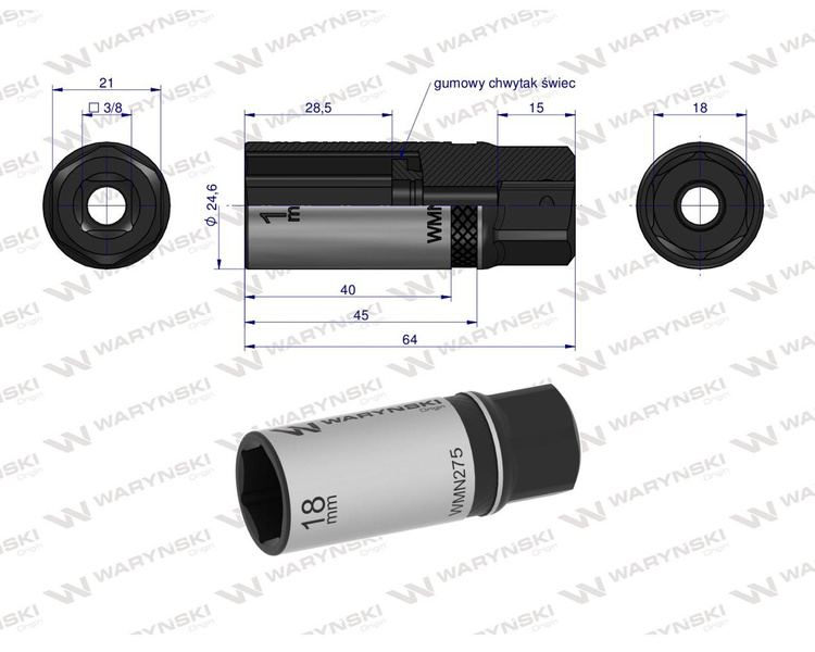 Nasadka do świec 3/8" 18 mm Waryński