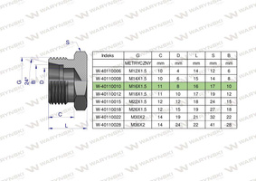 Korek hydrauliczny metryczny na klucz M16x1.5 10L Waryński