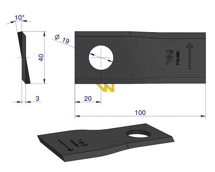 Nóż. nożyk kosiarka lewy 100X40X3mm otwór 19 RS 100/3 Sipma WARYŃSKI