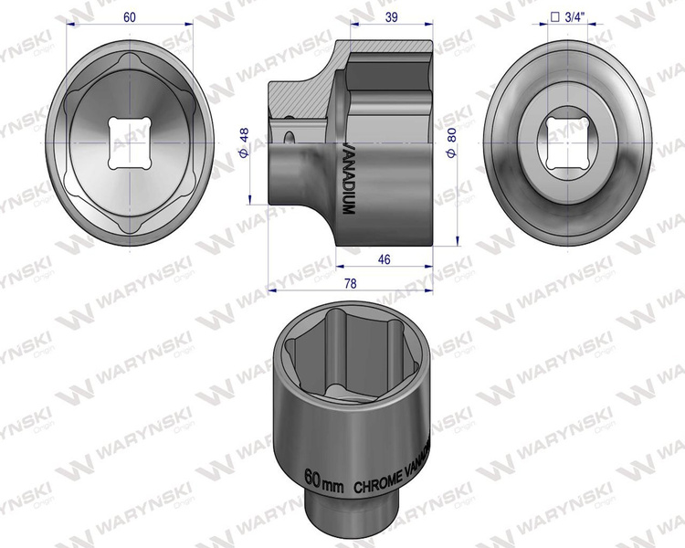 Nasadka sześciokątna 3/4" 60 mm Waryński