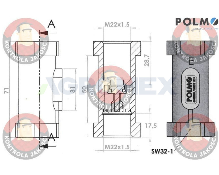 Zawór zwrotny odcinający prosty 22x1.5 max ciśnienie 22MPa POLMO