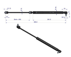 siłownik amortyzator gazowy A=485 B=242 F=200N skok 200, POLMO 199976066