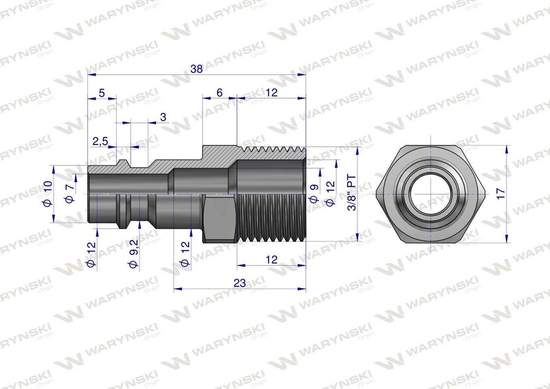 Złączka króciec do narzedzi pneumatycznych gwint 3/8 stożkowy PT Waryński 2 szt [WMU38PT]