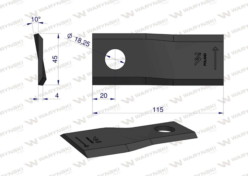 Nóż. nożyk kosiarka lewy 115x45x4mm otwór 18.25 zastosowanie 55906000 CC23499 Kuhn WARYŃSKI  WKR115X45X4L