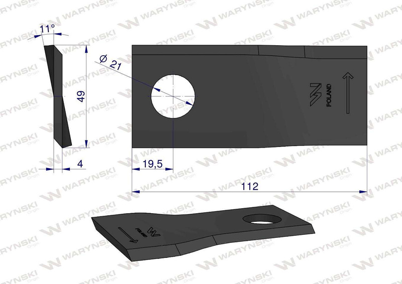 Nóż, nożyk 112x48x4x22mm lewy kosiarka Pottinger 434969 Waryński