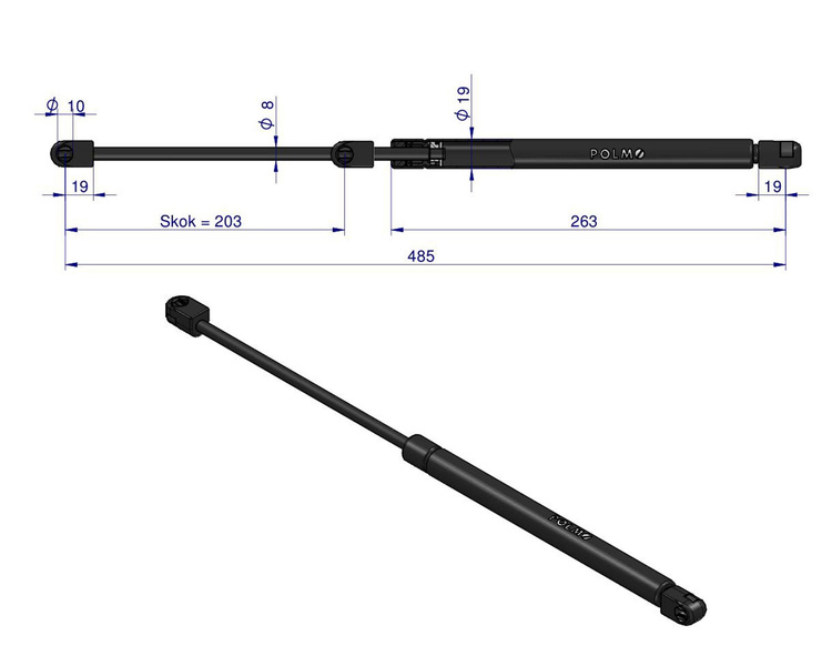 siłownik amortyzator gazowy A=485 B=244 F=300N skok 203, POLMO 3 LATA GWARANCJI 3901111M1
