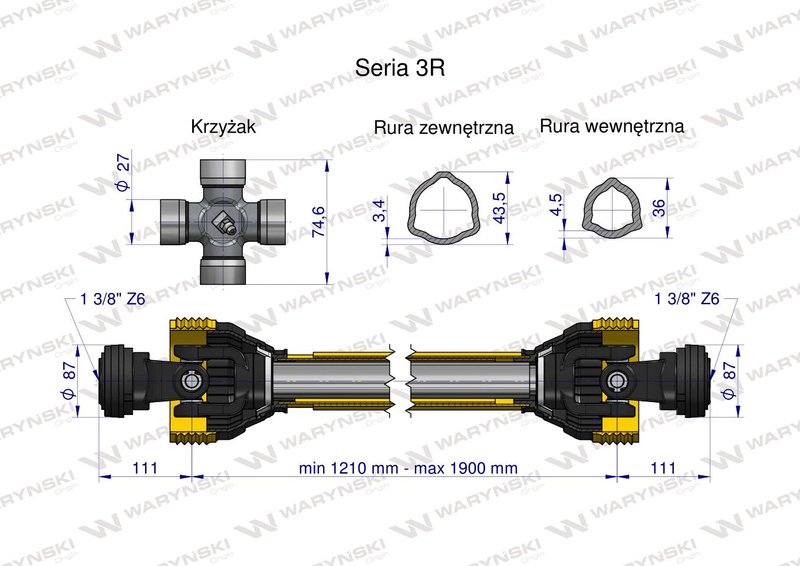 Wał przegubowo-teleskopowy 1210-1900mm 460Nm 50280 CE seria 3R Waryński