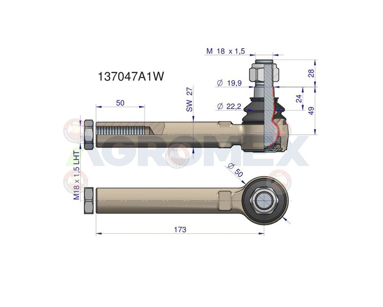 Przegub kierowniczy 196mm M18x1.5L 137047A1. oś Carraro 707 Case WARYŃSKI