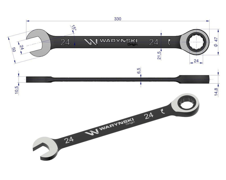 Klucz płasko-oczkowy 24 mm z grzechotką 72 zęby Waryński