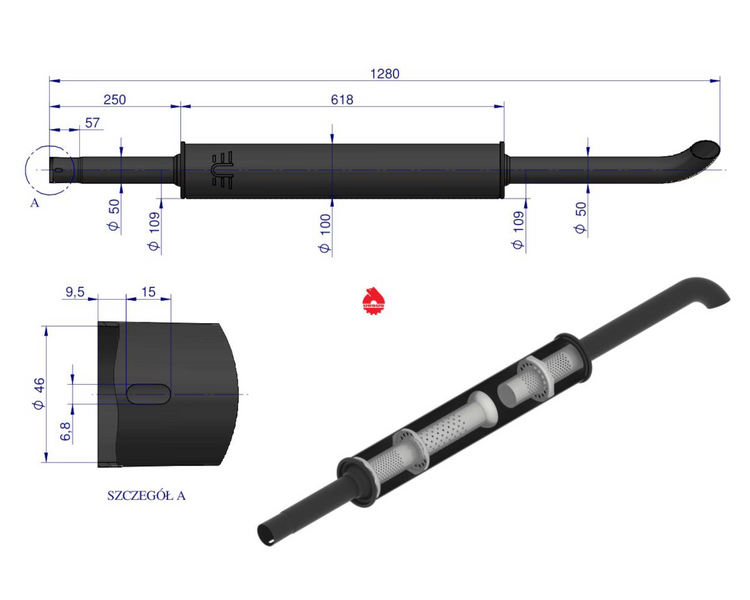 Tłumik okrągły długi C-360 1280mm 42102072 oryginał Ursus