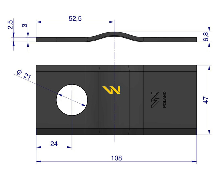 Nóż. nożyk kosiarka gięty 108x46x3mm otwór 21 CM120-108 WARYŃSKI