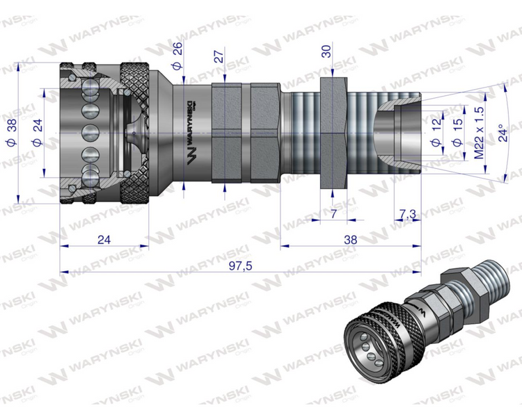 Szybkozlacze hydrauliczne gniazdo z eliminatorem ciśnienia long M22x1.5 gwint zewnetrzny EURO (9100822GL) (ISO 7241-A) Warynski